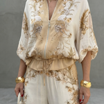 Clabelle | Zip Front Blouson Top Printed Two Piece Set