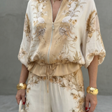 Clabelle | Zip Front Blouson Top Printed Two Piece Set