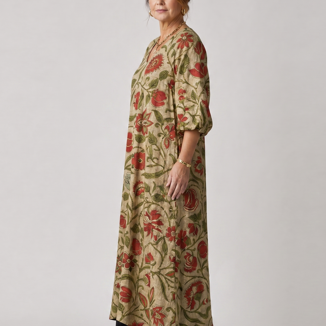Lunwynne | Botanical Print Relaxed Three Quarter Sleeve Midi Dress