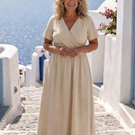 Frena | V Neck Short Sleeve Wrap Waist Midi Dress