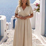 Frena | V Neck Short Sleeve Wrap Waist Midi Dress