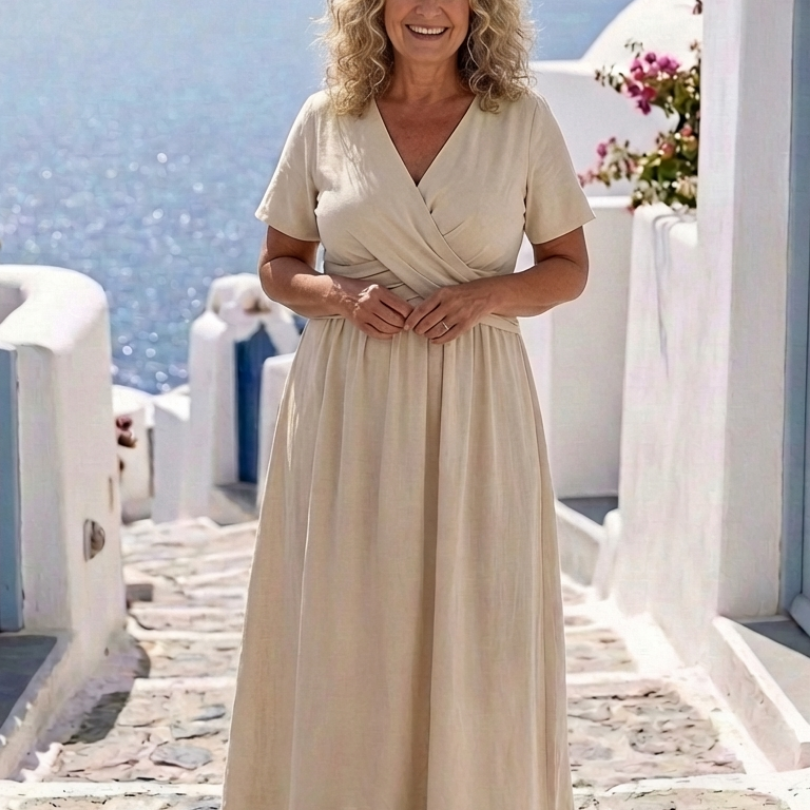 Frena | V Neck Short Sleeve Wrap Waist Midi Dress
