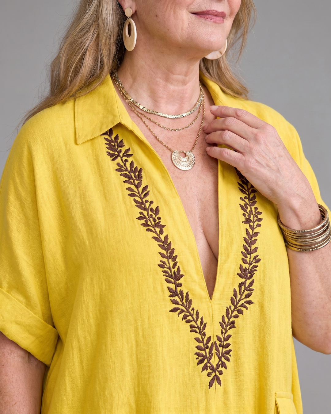 Faera | Embroidered V Neck Pocket Detail Relaxed Midi Dress