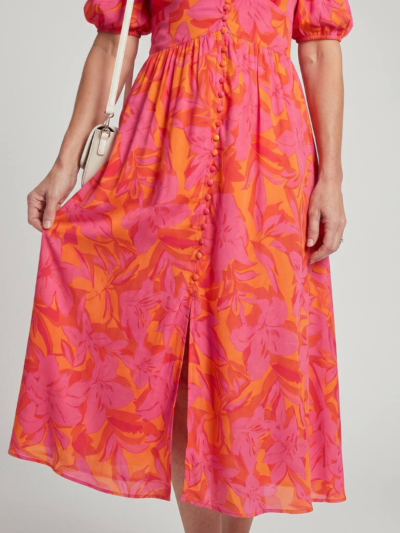 Lunrin | Puff Sleeve V Neck Bold Floral Print Midi Dress
