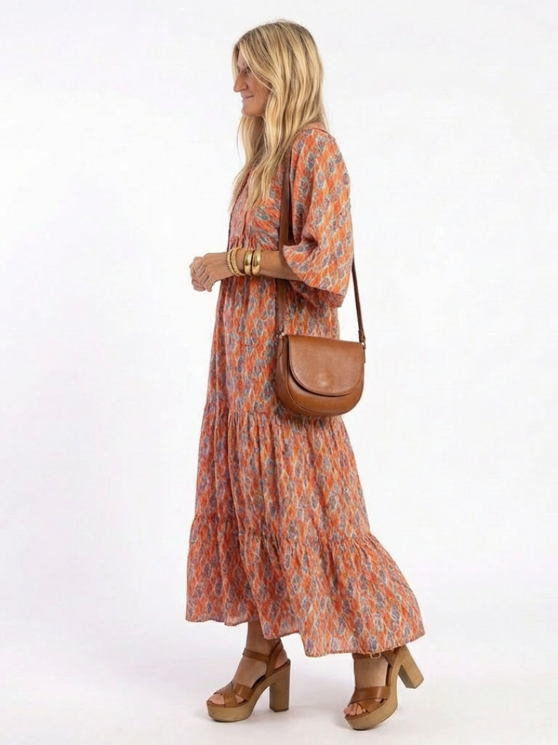 Cornia | Geometric Print V Neck Tiered Midi Dress