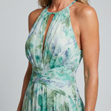 Milmarie | Pleated Halter Soft Floral Pattern Midi Dress