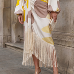 Briwynne | Abstract Print Fringe Hem Midi Dress