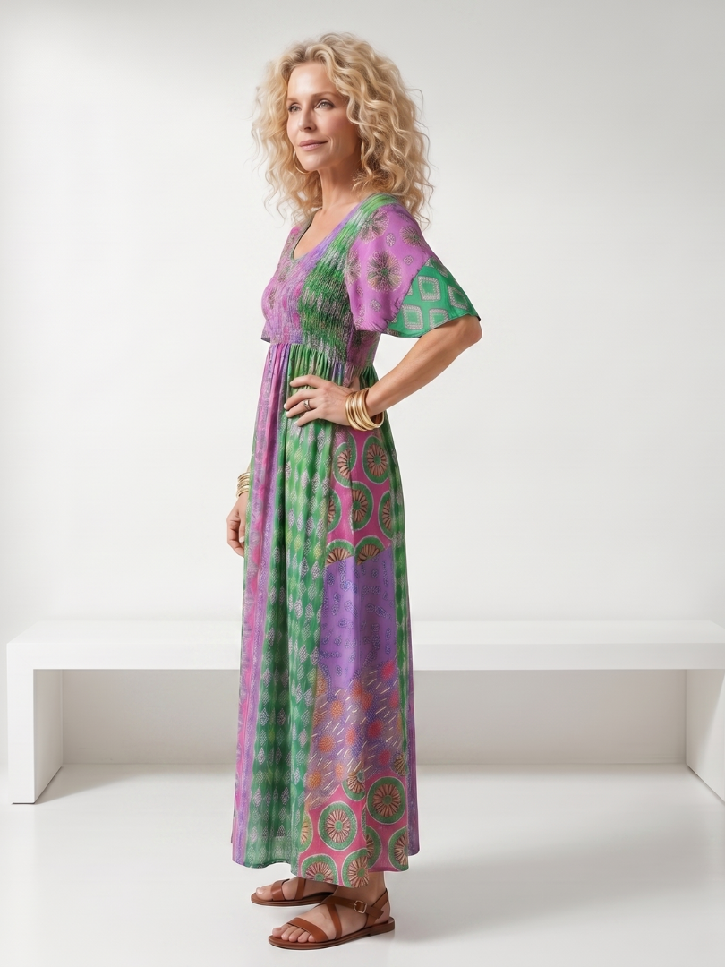 Gretandra | Mixed Print Short Sleeve Midi Dress