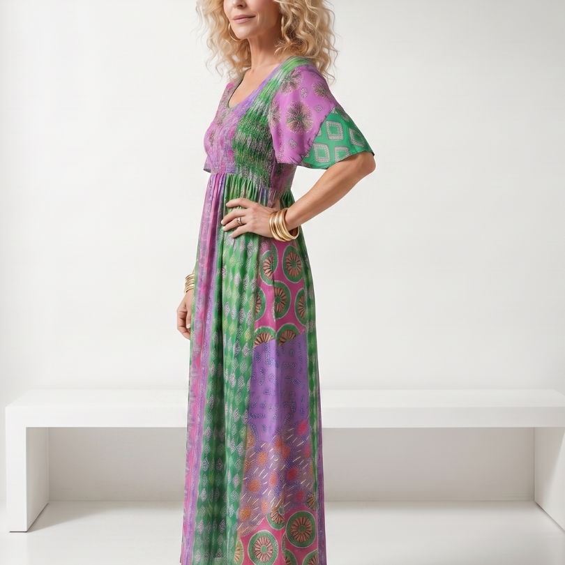 Gretandra | Mixed Print Short Sleeve Midi Dress