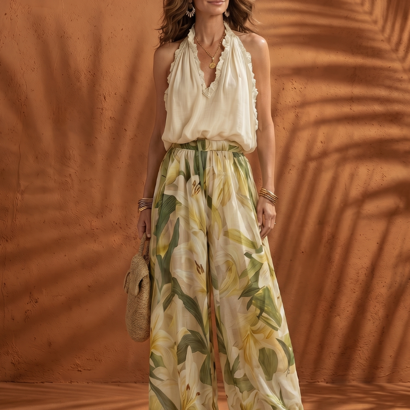 Mirandra | Halter Neck Blouse Floral Wide Leg Set
