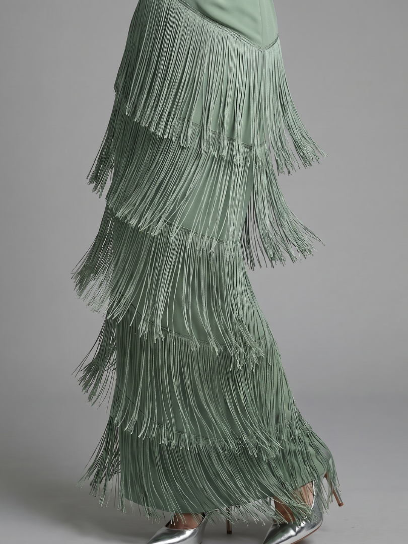 Milbeth | Long Sleeve Soft Fringe Skirt Midi Dress