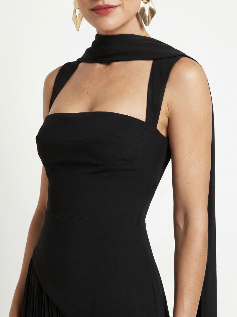 Fleurbelle | Cutout Neck Pleated Slit Maxi Dress