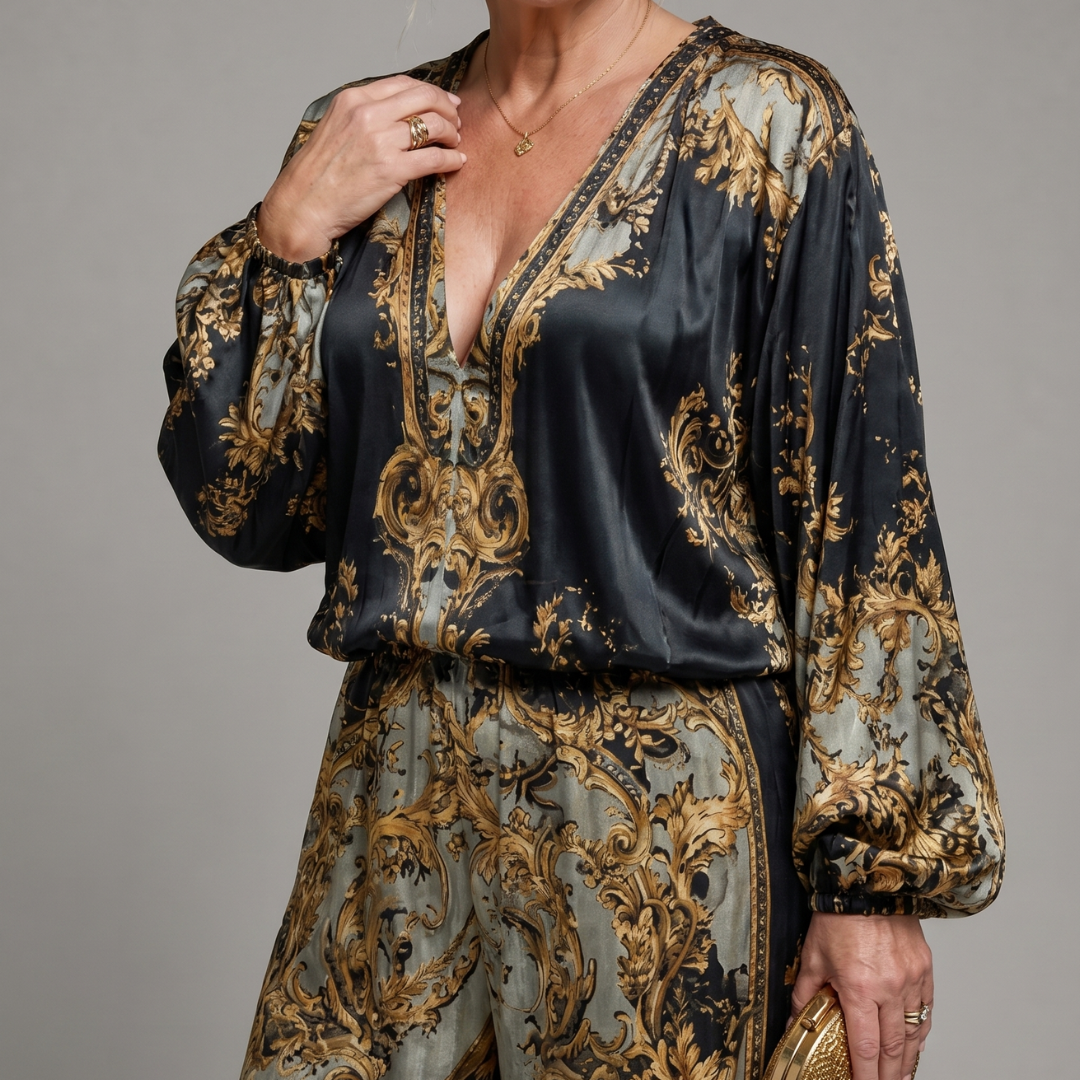 Zarney | Baroque Print Blouse And Wide Leg Pants Set