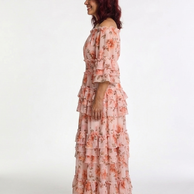 Kalsette | Off Shoulder Floral Ruffle Tiered Maxi Dress