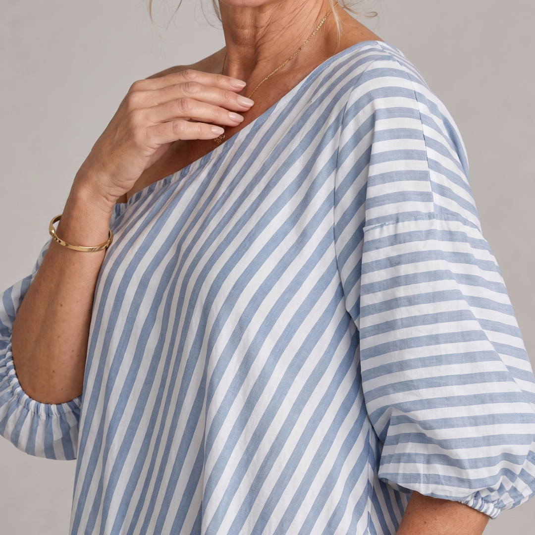 Faela | Striped Off Shoulder Puff Sleeve Midi Dress