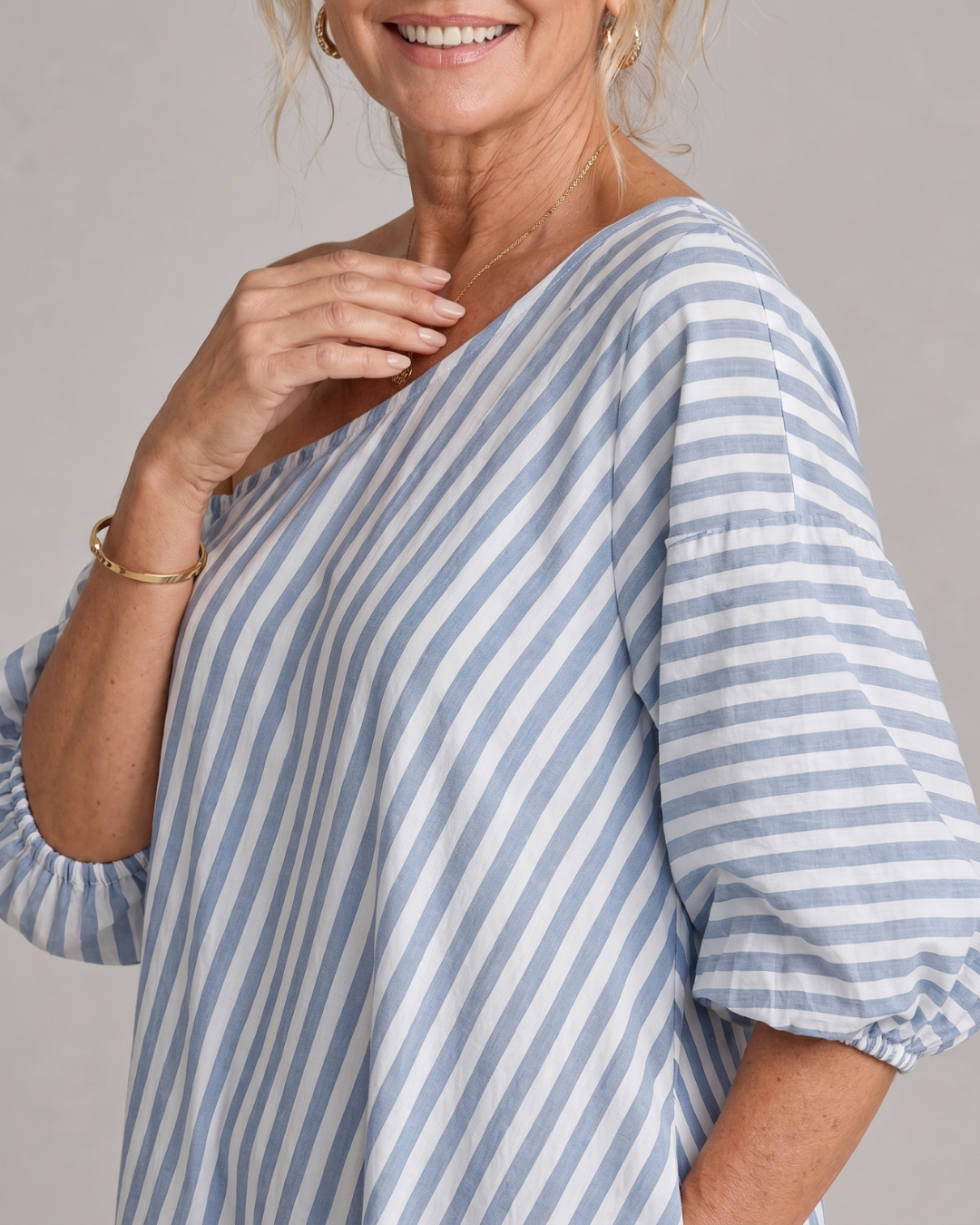Faela | Striped Off Shoulder Puff Sleeve Midi Dress