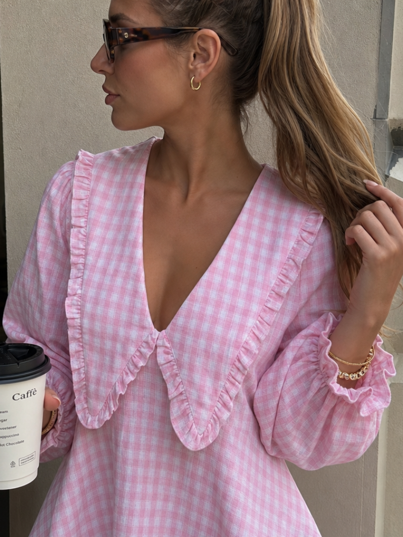 Romirose | Ruffle Collar And Gingham Pattern Mini Dress