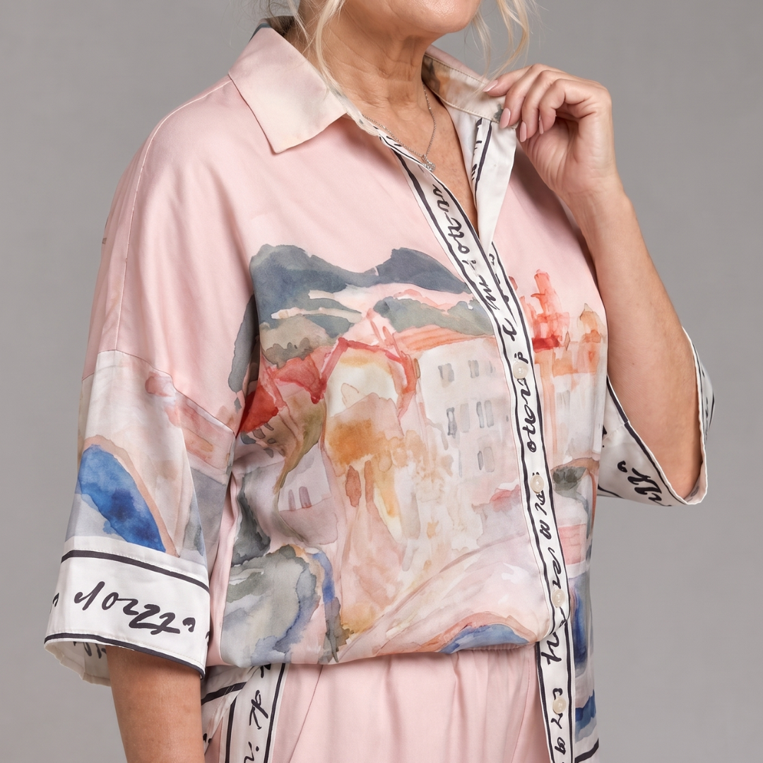 Lilabelle | Scenic Print Button Front Shirt And Wide Leg Pants Set