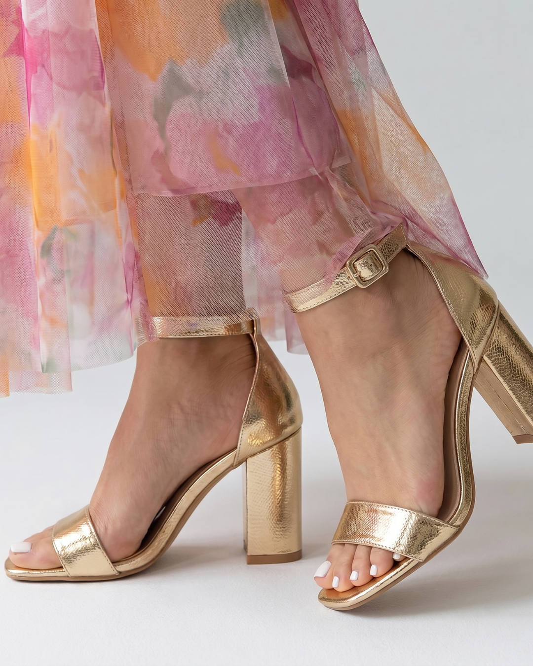 Nevla | Metallic Ankle Strap Block Heel Sandals