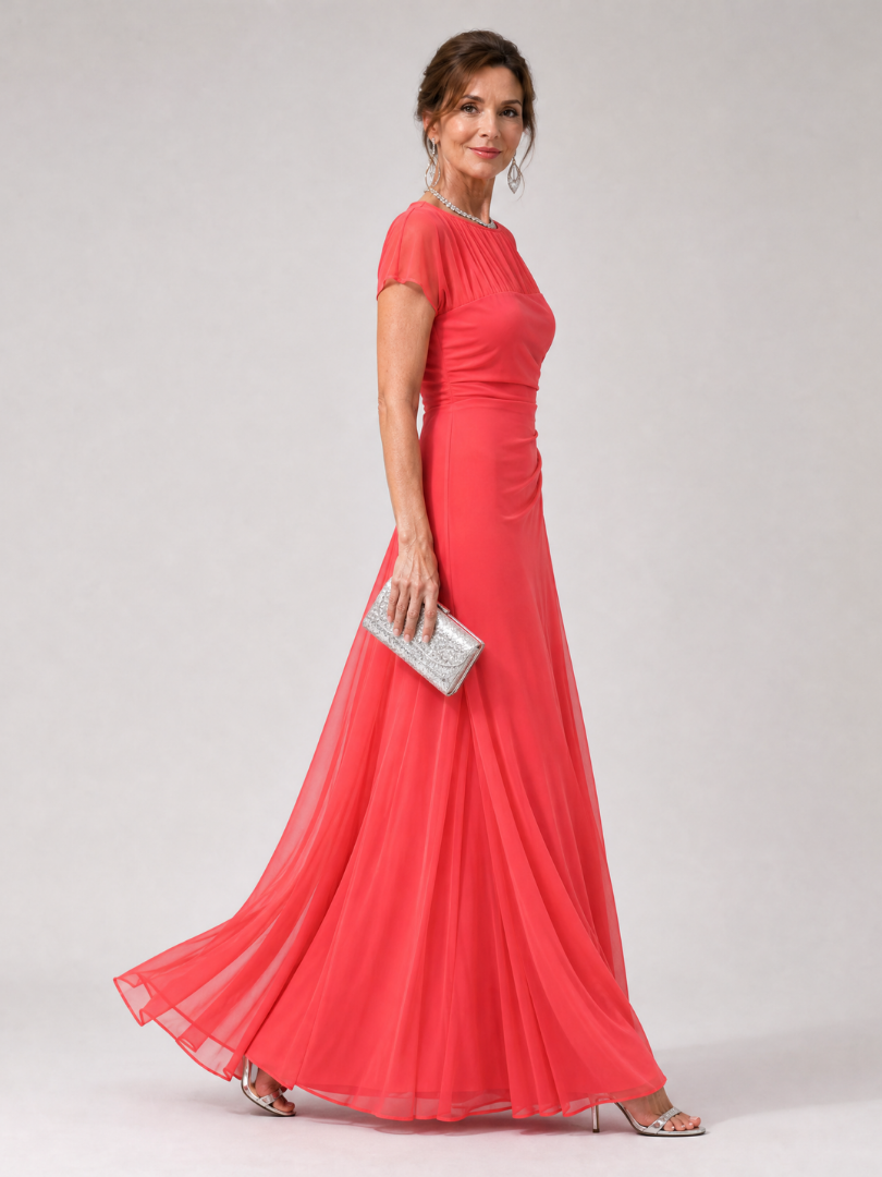 Orlalora | Mesh Yoke Ruched Maxi Dress