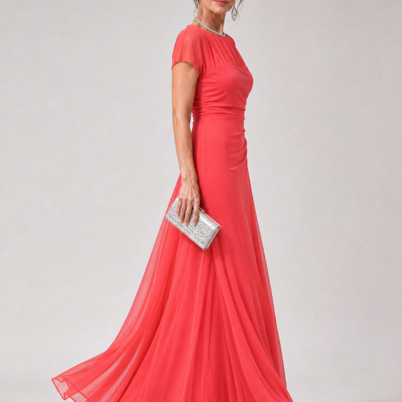 Orlalora | Mesh Yoke Ruched Maxi Dress