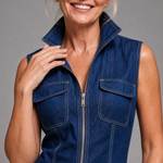 Vesda | Zip Front Sleeveless Denim Wide Leg Jumpsuit
