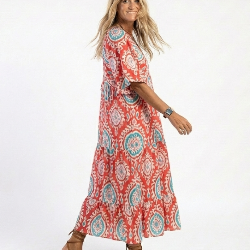 Lilasette | Paisley Print V Neck Short Sleeve Midi Dress