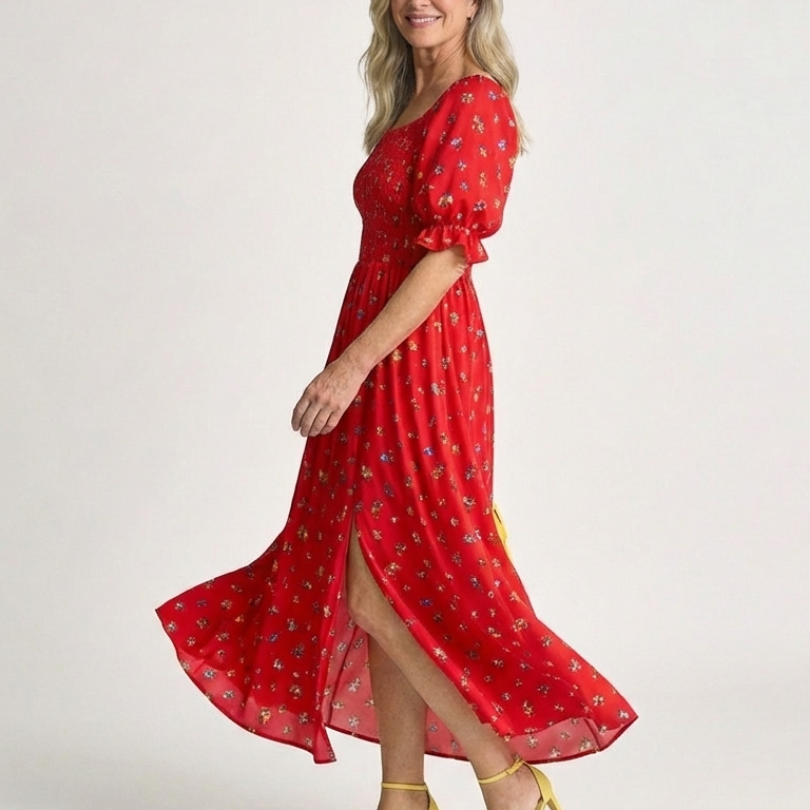 Giathea | Square Neck Floral Puff Sleeve Midi Dress