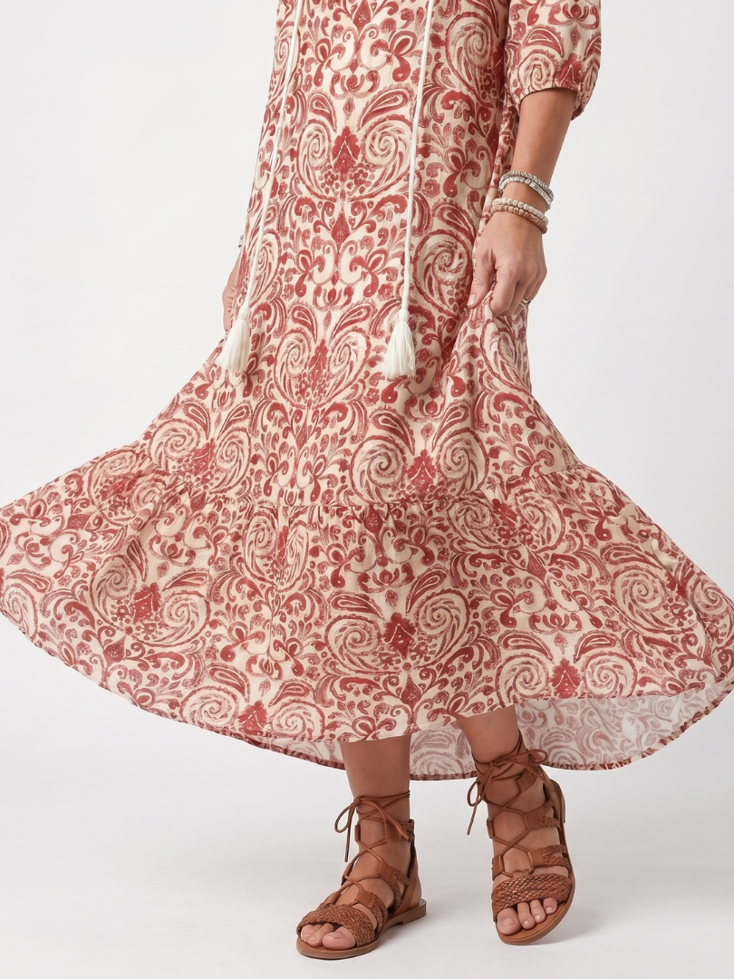Penlette | Ornate Print Tassel Tie Midi Dress