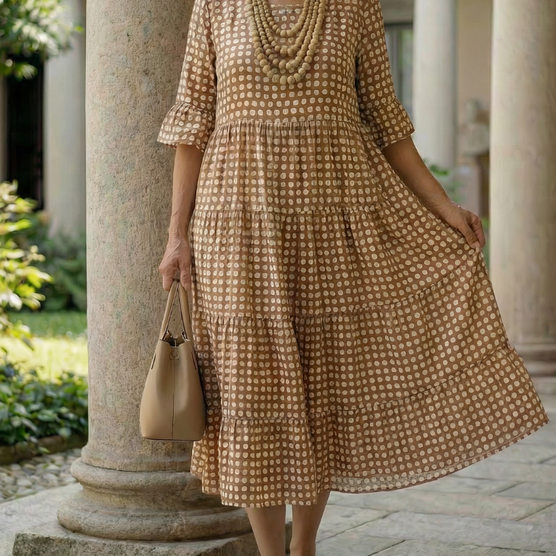 Thalwynne | Polka Dot Tiered Midi Dress Short Sleeve