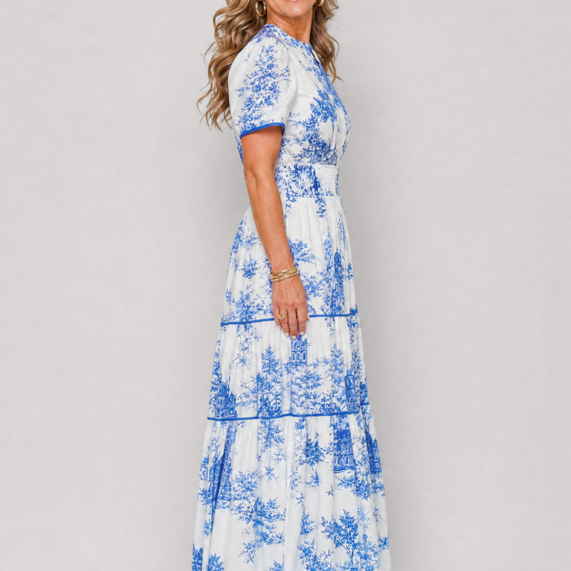 Fiobeth | Printed Short Sleeve Tiered Midi Dress