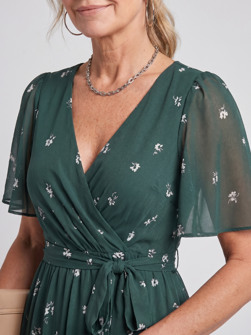 Daldra | Flutter Sleeve Gathered Waist Floral Print Midi Dress