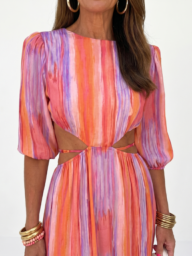 Isathea | Vertical Stripe Cutout Waist Midi Dress