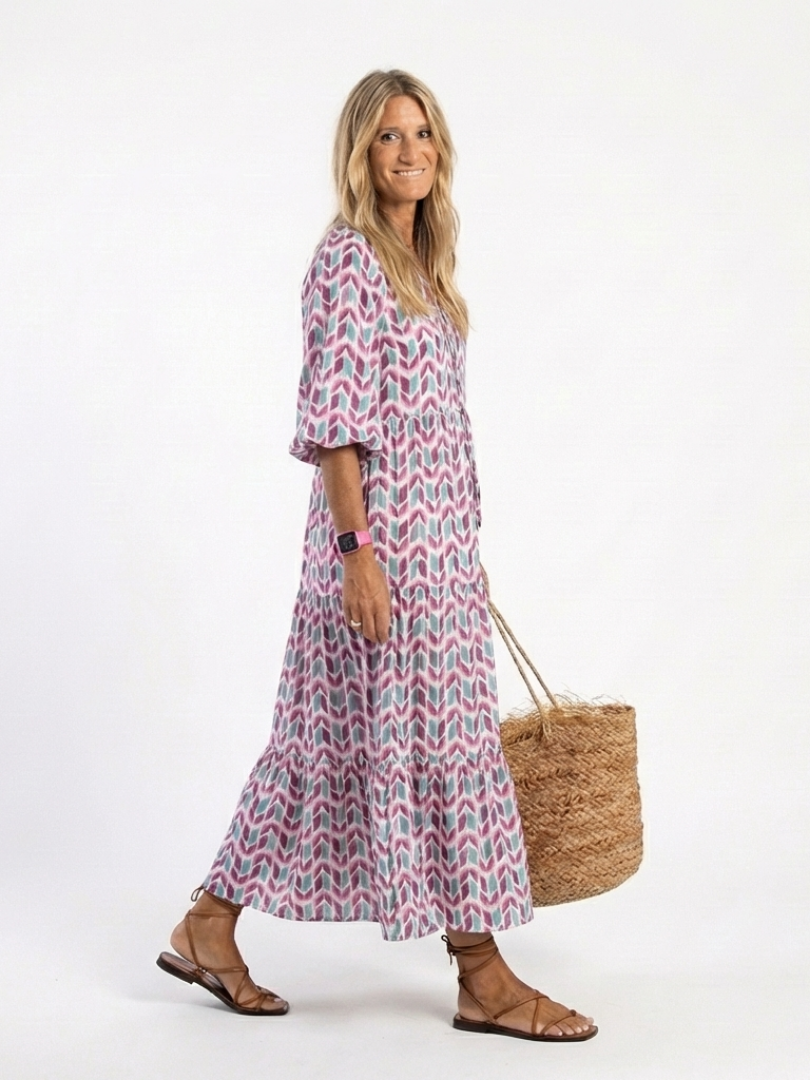 Corbeth | Geometric Print Long Sleeve Tiered Midi Dress