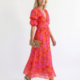 Gretasia | Floral V Neck Puff Sleeve Midi Dress