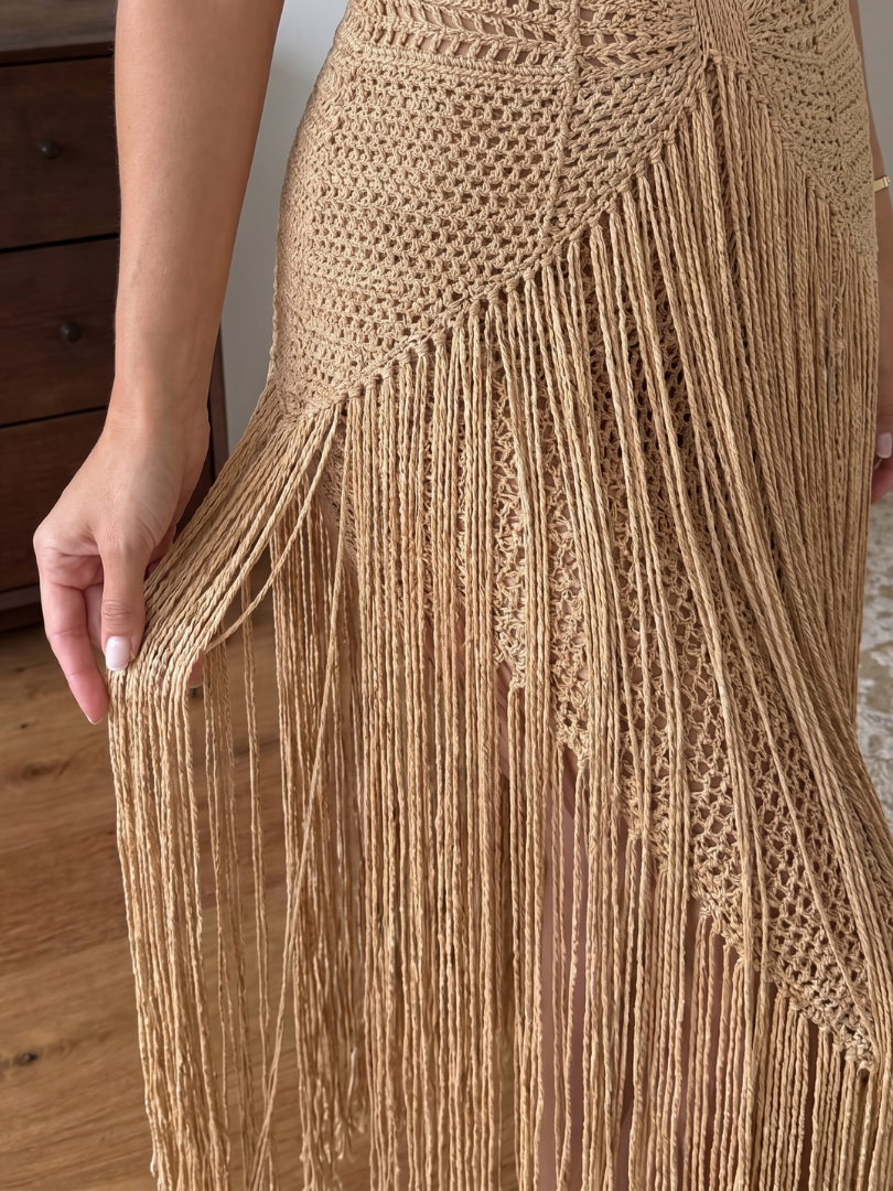 Corra | Halter Neck Crochet Fringe Detail Maxi Dress