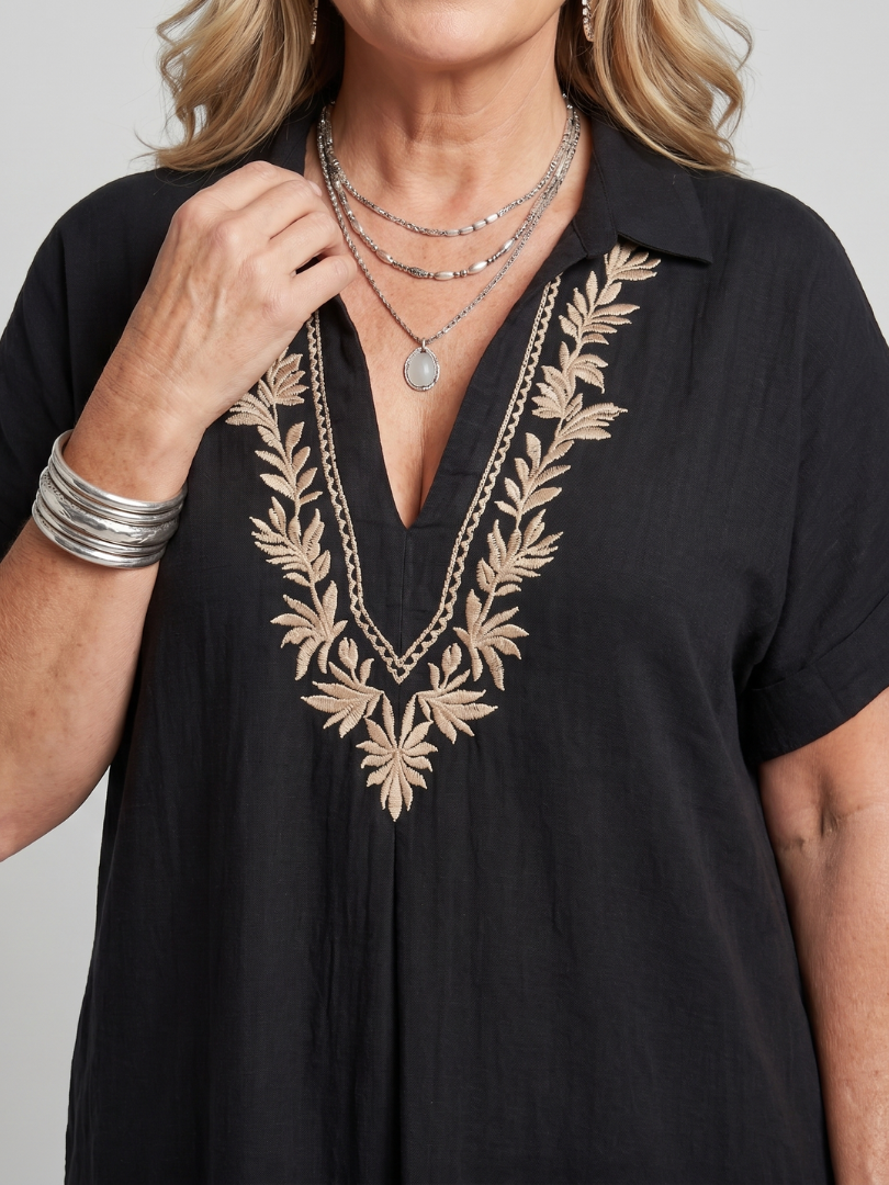 Kalthea | Short Sleeve V Neck  Embroidered Detail Midi Dress