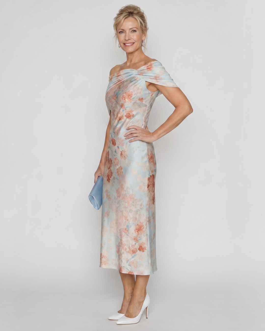 Eliwen | Soft Floral Off Shoulder Fitted Midi Dress