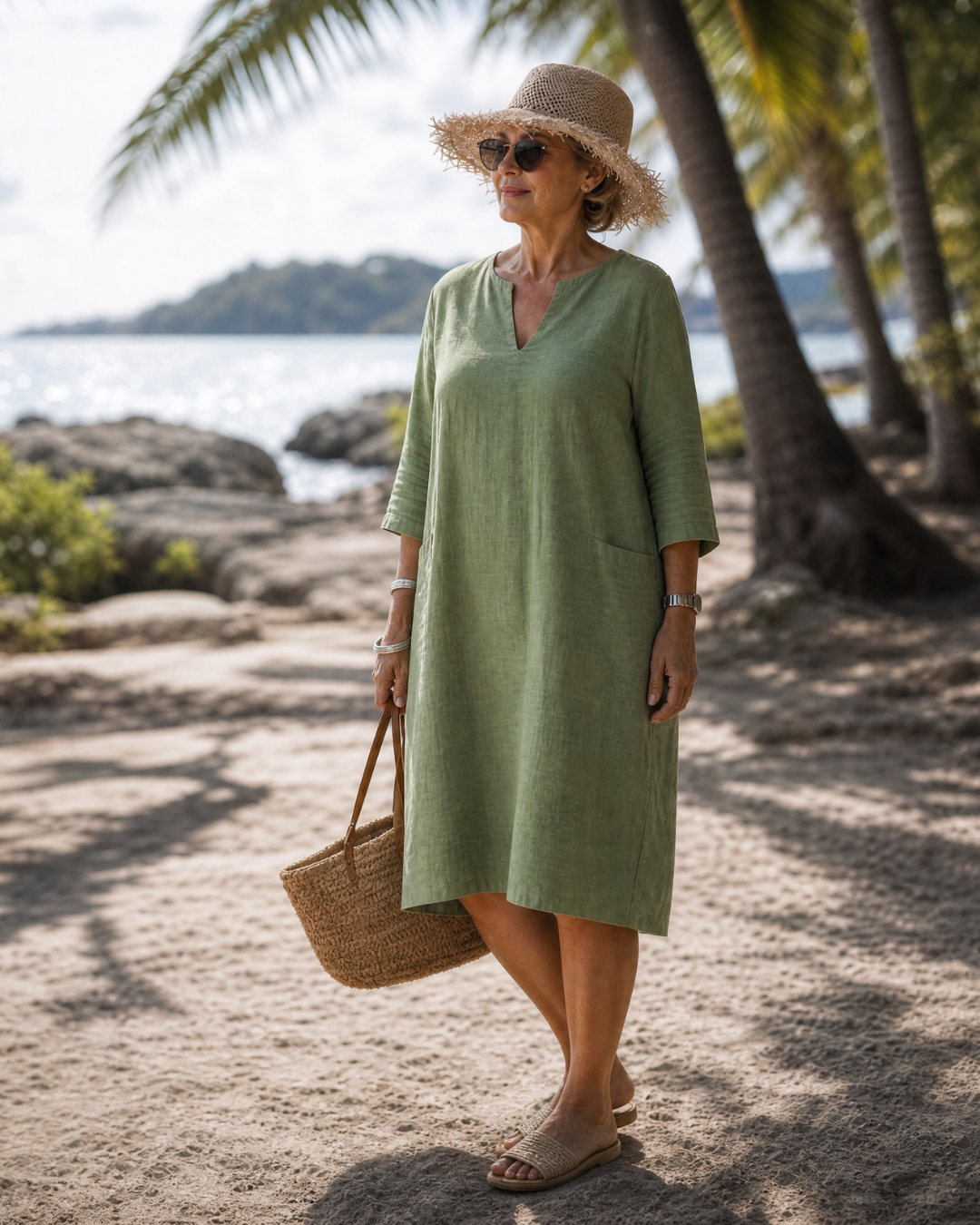 Laendra | Textured V Neck Three Quarter Sleeve Knee Length Dress
