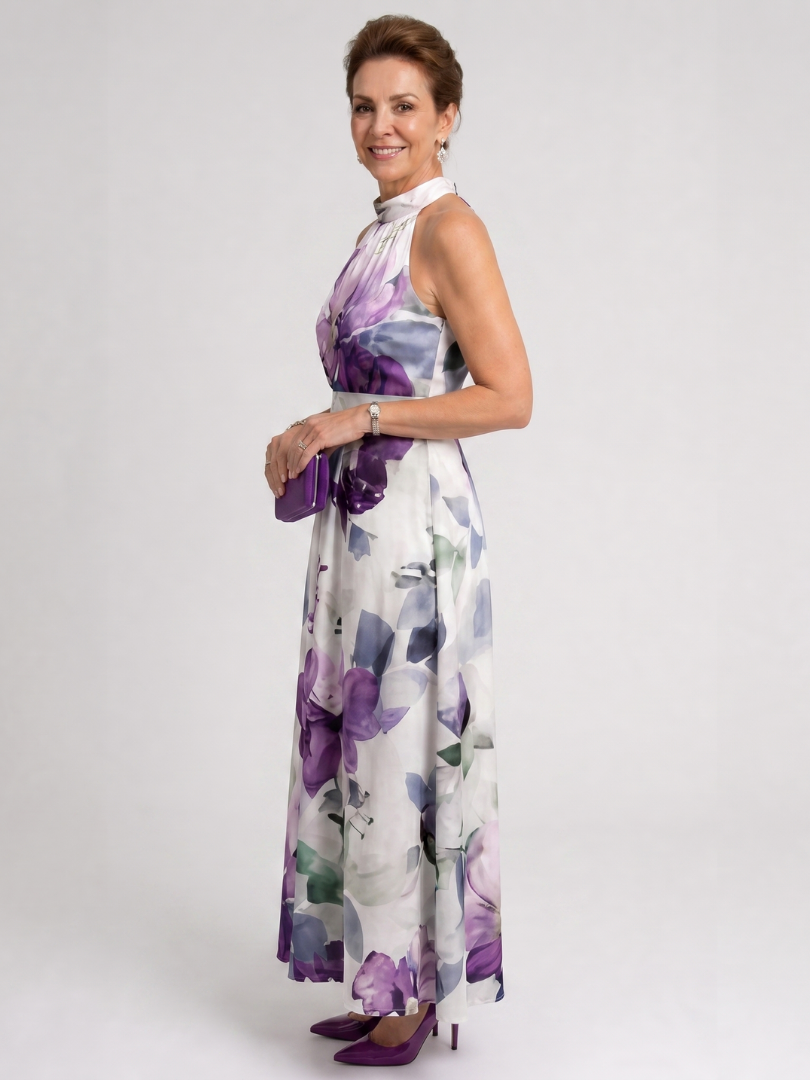 Teslia | Soft Bloom Halter Neck Flowing Midi Dress