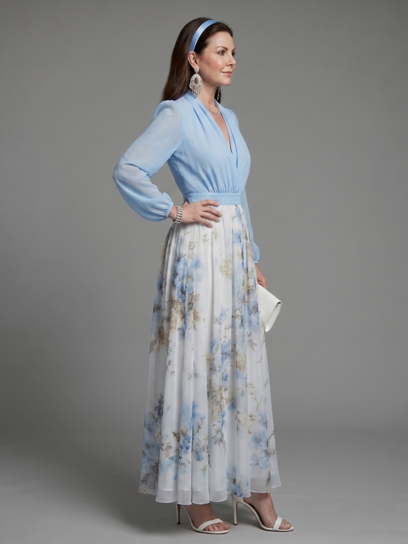 Tovabelle | V Neck Sheer Bodice Floral Maxi Dress
