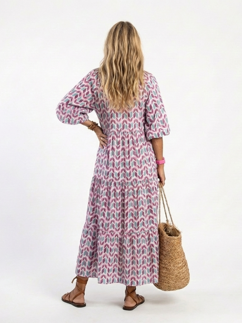 Corbeth | Geometric Print Long Sleeve Tiered Midi Dress
