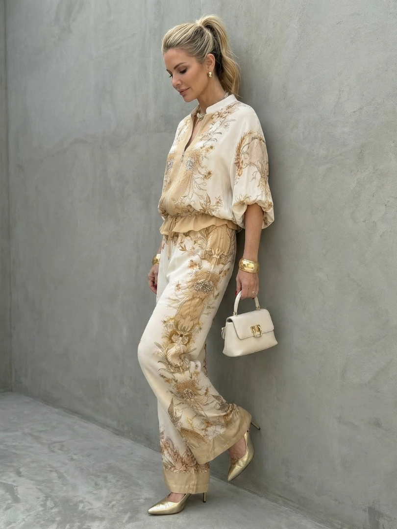 Clabelle | Zip Front Blouson Top Printed Two Piece Set