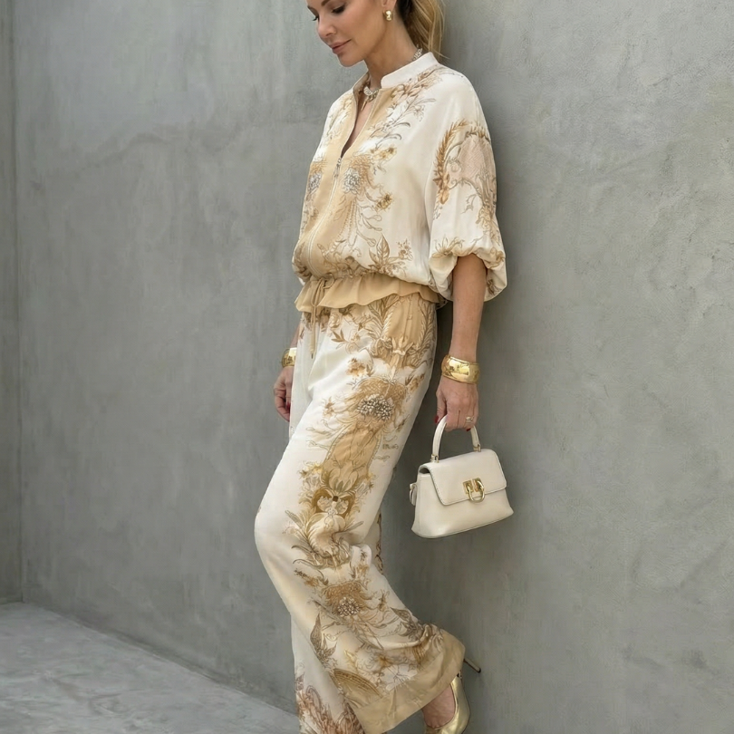 Clabelle | Zip Front Blouson Top Printed Two Piece Set