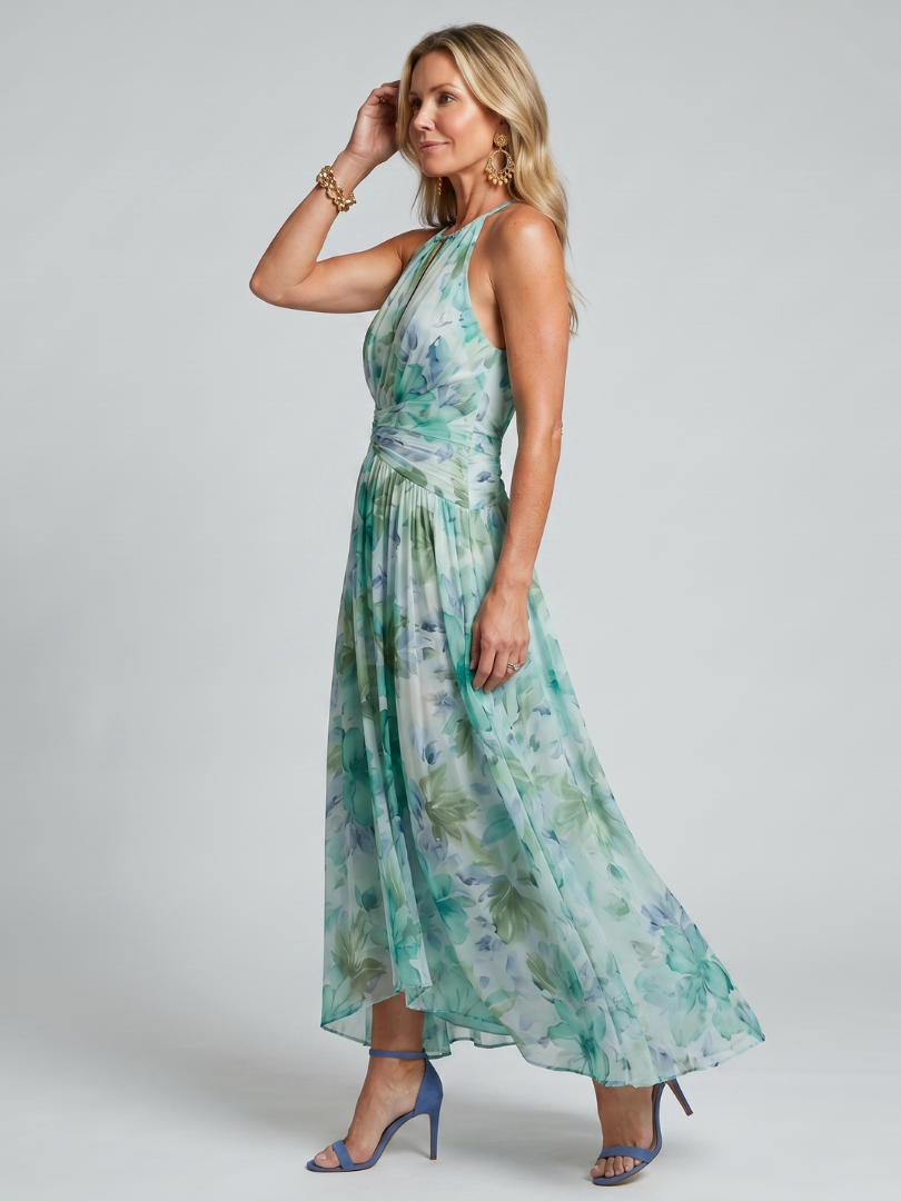 Milmarie | Pleated Halter Soft Floral Pattern Midi Dress