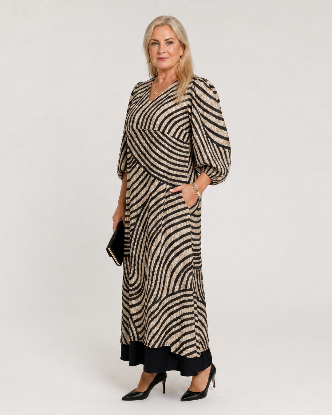 Briarina | Abstract Wave Print Casual Pocket Midi Dress