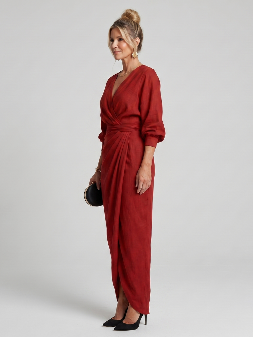 Senda | Long Sleeve Wrap Overlap Skirt Midi Dress