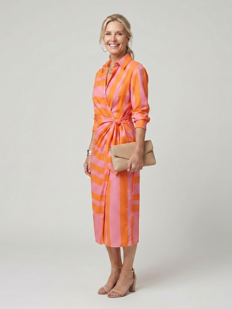 Dahine | Long Sleeve Collared Wrap Stripe Pattern Midi Dress