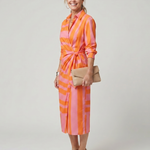 Dahine | Long Sleeve Collared Wrap Stripe Pattern Midi Dress