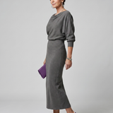 Saffwynne | Draped Neckline Fitted Skirt Midi Dress